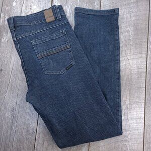 Prana Jeans Mens 34x32 Blue Theorem Denim Pants Straight Fit Hiking Outdoor